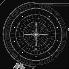 A black and white contour drawing of a roulette wheel with scattered coins, set against a dark textured background. The minimalist design highlights the wheel's intricate details, clean lines