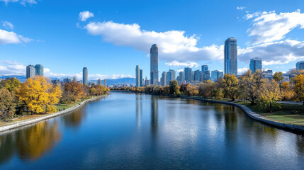 Obraz premium Vibrant city skyline reflects on serene river, surrounded by autumn foliage and clear blue skies