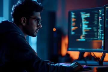 Male tech worker during night hours 