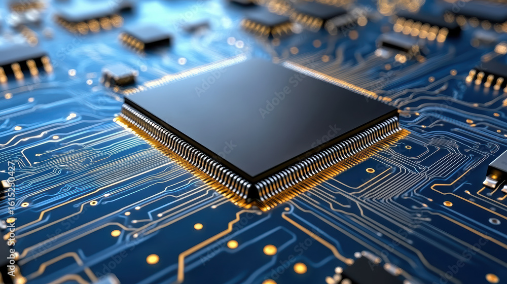 Poster high tech circuit board with microchip and intricate connections, showcasing advanced