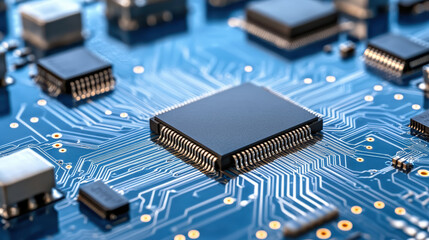 Close up of circuit board with microchips and electronic components, showcasing intricate