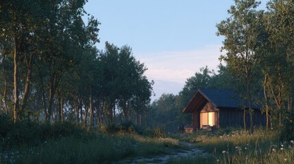Wooden cabin nestled within a tranquil forest at dawn.
