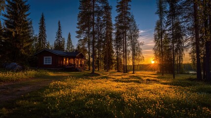 Rustic cabin nestled in a field of wildflowers at sunset.
