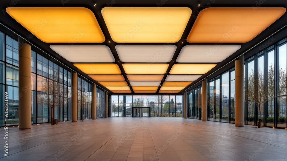 Poster bright ceiling panels create dynamic light pattern in spacious modern interior