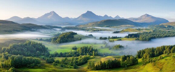 Misty valley with mountains