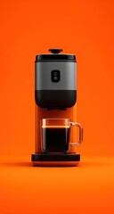 Minimalist coffee maker with a sleek grey top and orange base brews into a clear mug, all set against a vibrant orange background