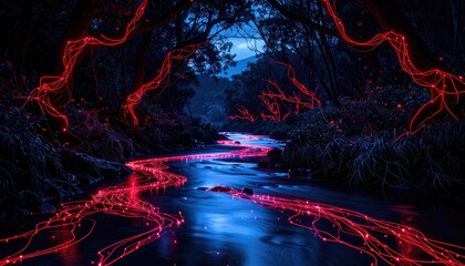 Nocturnal River Flowing Through a Forest with Illuminated Crimson Cybernetic Threads and a Dark Blue Atmosphere