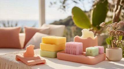 Pastel-colored soap and organizer on a table