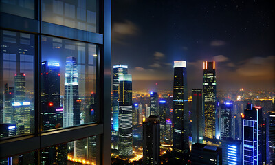 Photo of city buildings shine brightly in the dark night sky