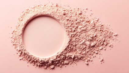 Light pink powder forms a circle with a smooth center. Textured edges contrast with the flat, uniform circle filling, all on a solid pale pink background. Top-down view, soft lighting