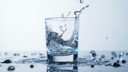 Water splash in clear glass on white background healthy hydration concept drink refresh clean minimal motion