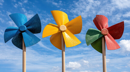 Colorful pinwheels spinning in wind against bright blue sky create joyful scene