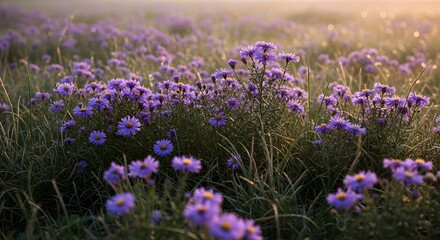 Obraz premium Purple Aster Flower Field in Early Morning Light