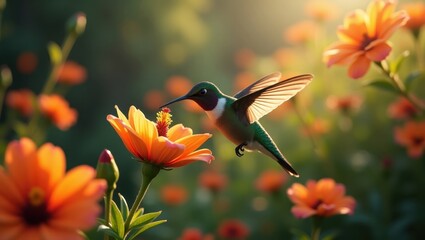 A hummingbird hovers near a vibrant orange flower.