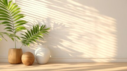 Minimalist interior scene with plants and shadows