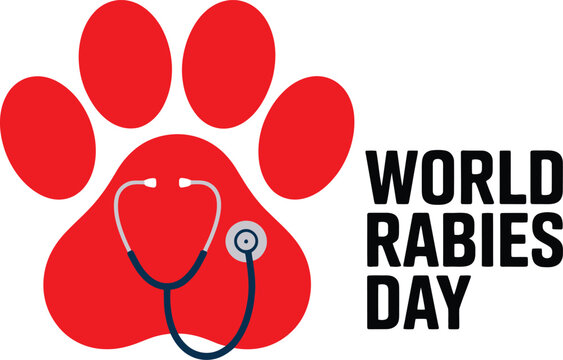 World Rabies Day Vector Illustration - Red Animal Paw Print with Stethoscope for Rabies Prevention, Veterinary Care, Pet Health Awareness & Animal Welfare Campaign