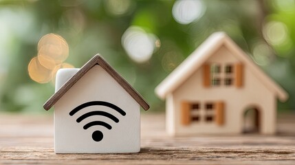 Miniature house with wifi symbol, representing home internet connection.