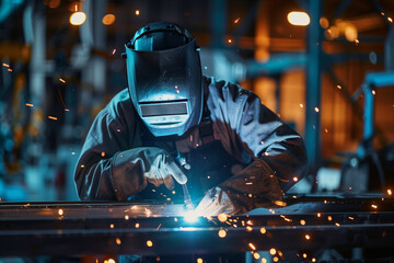Skilled industrial welder in protective clothing welding steel parts