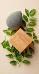 Simple beauty arrangement. A gray makeup sponge, wooden block, and green leafy branches are centered on a light beige backdrop, creating a natural, clean, and minimalist aesthetic