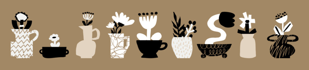 Simple cutout flowers and vases compositions set in sustainable cardboard printing style. Hand drawn naive minimal elements in beige, white and black. Modern art collage aesthetic vector illustration