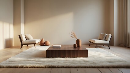 Serene and minimalist living room interior with a comfortable beige sofa and dark wood furniture, bathed in warm natural sunlight