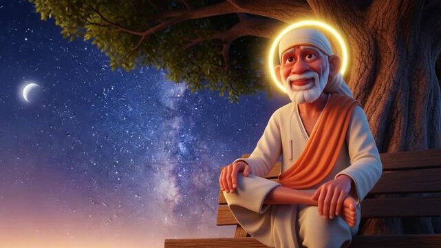 Animated Sai Baba sitting beneath a majestic tree, illuminated by a celestial halo under milky way