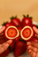 Morango do Amor Halved and Held by Hands Showing Creamy Filling

Close-Up of Morango do Amor Strawberry with Creamy Center

Morango do Amor Sliced in Hand with Glossy Red Candy Coating