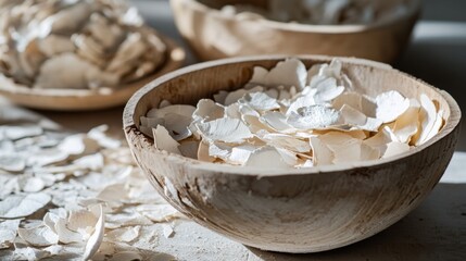 Rustic wooden bowl with coconut flakes on table natural food organic tropical vegan ingredient healthy cooking