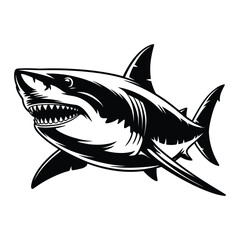 Fototapeta premium Angry shark mascot vector illustration. Ferocious marine predator logo emblem in monochrome vintage style. Isolated design element.