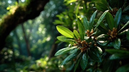 Obraz premium Lush green leaves and early flower buds of an evergreen shrub in the forest