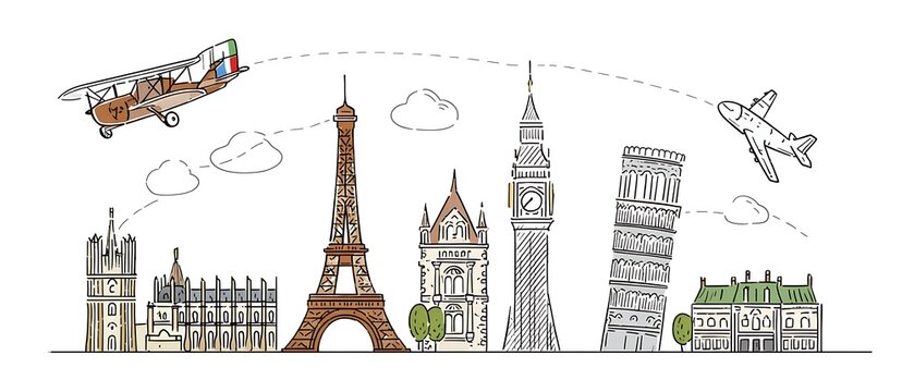 European landmarks with airplane travel concept