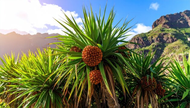 Vibrant Green Pandanus Utilis Plant with Orange Fruit in Sunlight with Mountain Background