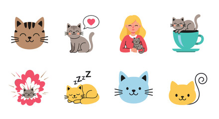 Playful Cats: A delightful collection of cute cartoon cats showcasing various emotions, styles, and activities, perfect for adding a touch of whimsy.