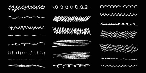 White chalk scribble set, decorative hand drawn design elements, abstract boredom doodles. Vector illustrations.