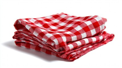 Red checkered picnic napkin isolated on white background clean folded textile food tablecloth rustic dining