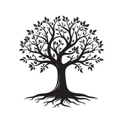Elegant Black Silhouette of a Majestic Tree with Intricate Branches and Visible Roots Ideal for Natural Designs and Symbolizing Growth and Connection