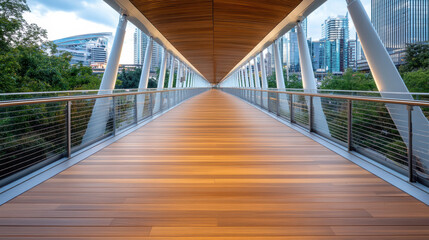 Obraz premium Modern elevated walkway features wooden flooring and sleek architecture, surrounded by greenery
