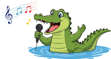 Cartoon crocodile singing in water with microphone, fun musical animal illustration, colorful music notes, kids entertainment, vector art