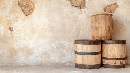 Naklejka premium Wooden barrels stacked against textured wall, showcasing rustic charm and vintage appeal
