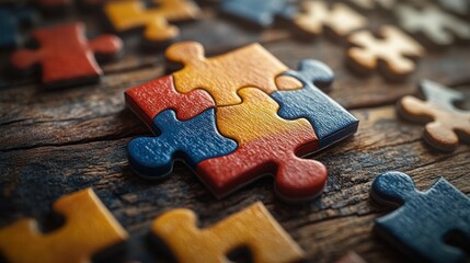 Colorful puzzle pieces fitting together on wooden surface