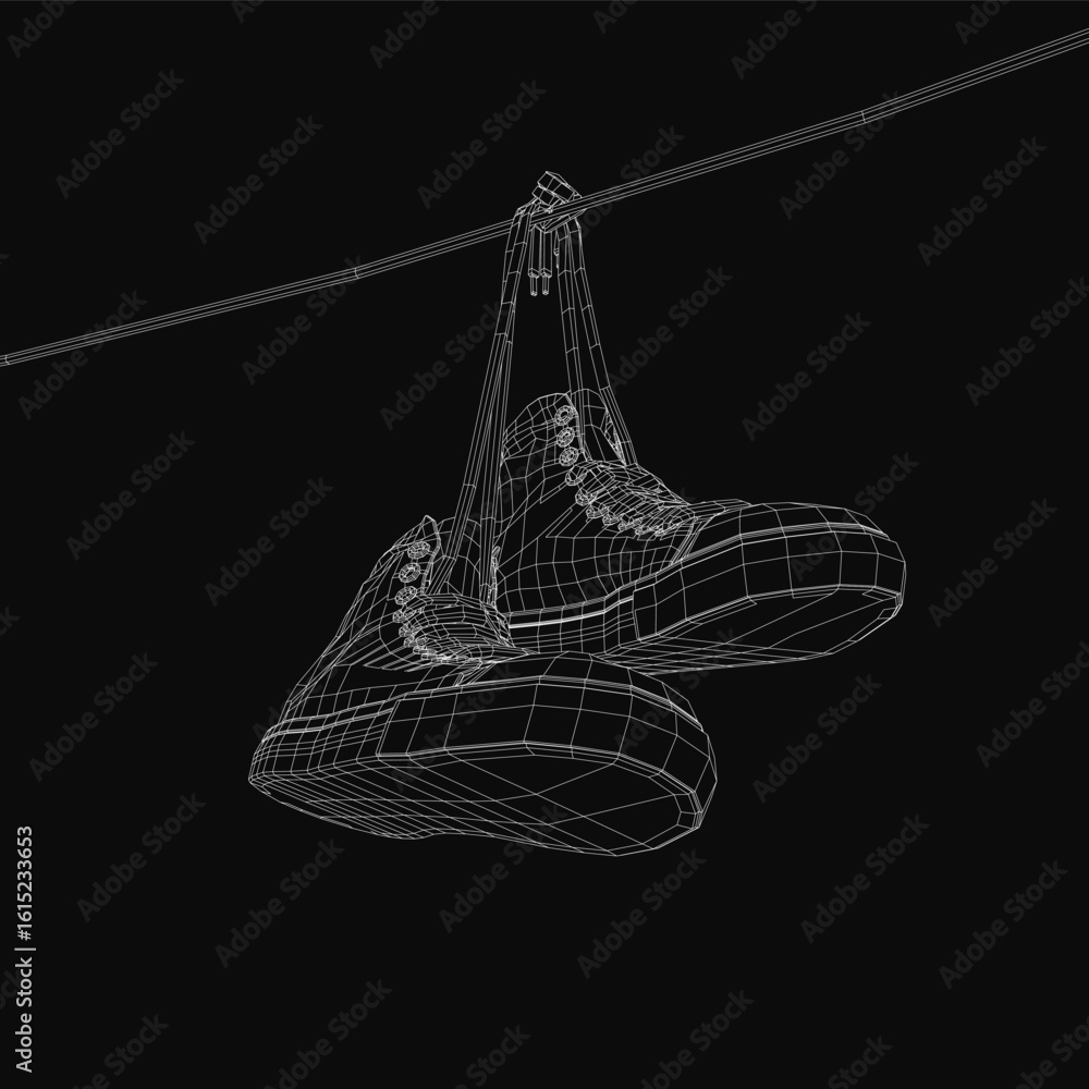 Poster a pair of sneakers hangs from a thin wire against a dark background, rendered in detailed 3d for a l