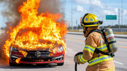 Burning vehicle fire suppression drill with firefighter action, showcasing emergency response