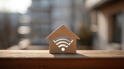 Wooden house shape with wifi symbol on a wooden surface.