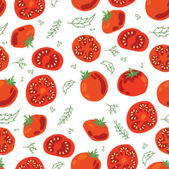 Seamless pattern of ripe tomatoes. Vegetables. Red tomatoes. Juicy Harvest. Healthy food. Vector illustration.