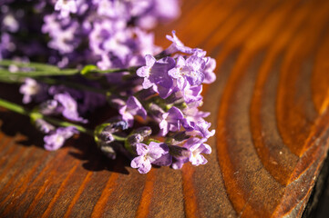 Macro shot of a fresh lavender bouquet on a rustic wooden background in warm sunlight. Aromatherapy, spa, and wellness concept with copy space