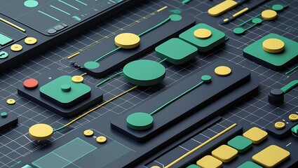 Abstract futuristic technology circuit board with green and yellow components