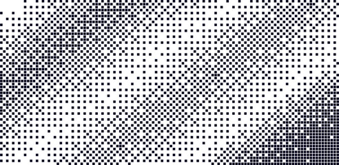 Background with pixel transform effect with halftone dot pattern. Black 8bit horizontal gradient.