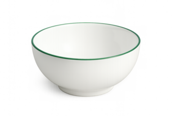 Empty white porcelain bowl with green border, isolated on transparent background, ideal for showcasing food or other products