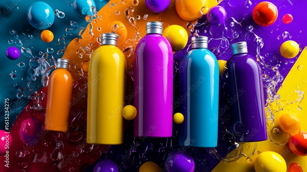 Aufkleber vibrant colorful bottles surrounded by drops and splashes abstract dynamic playful composition liqui