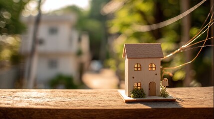 Small wooden house model on a wooden surface.